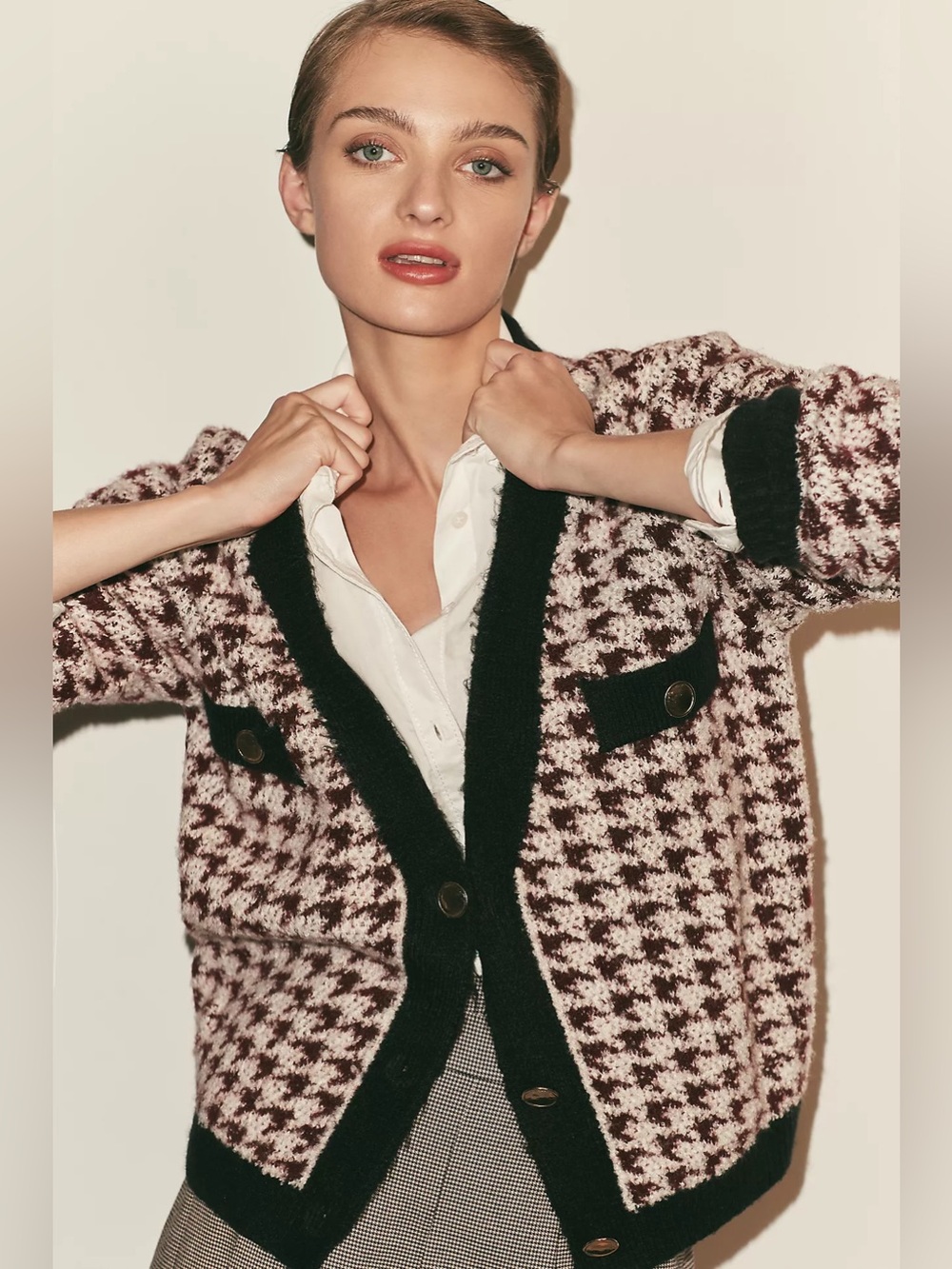 Anthropologie Burgundy & Cream Houndstooth Cardigan with Black Trim